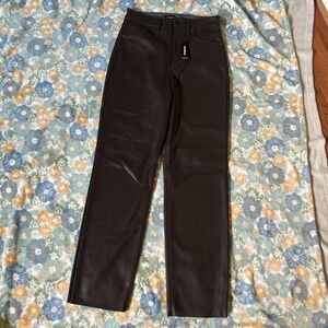 Express chocolate brown leather straight leg pants furry lining women's 6R NWT